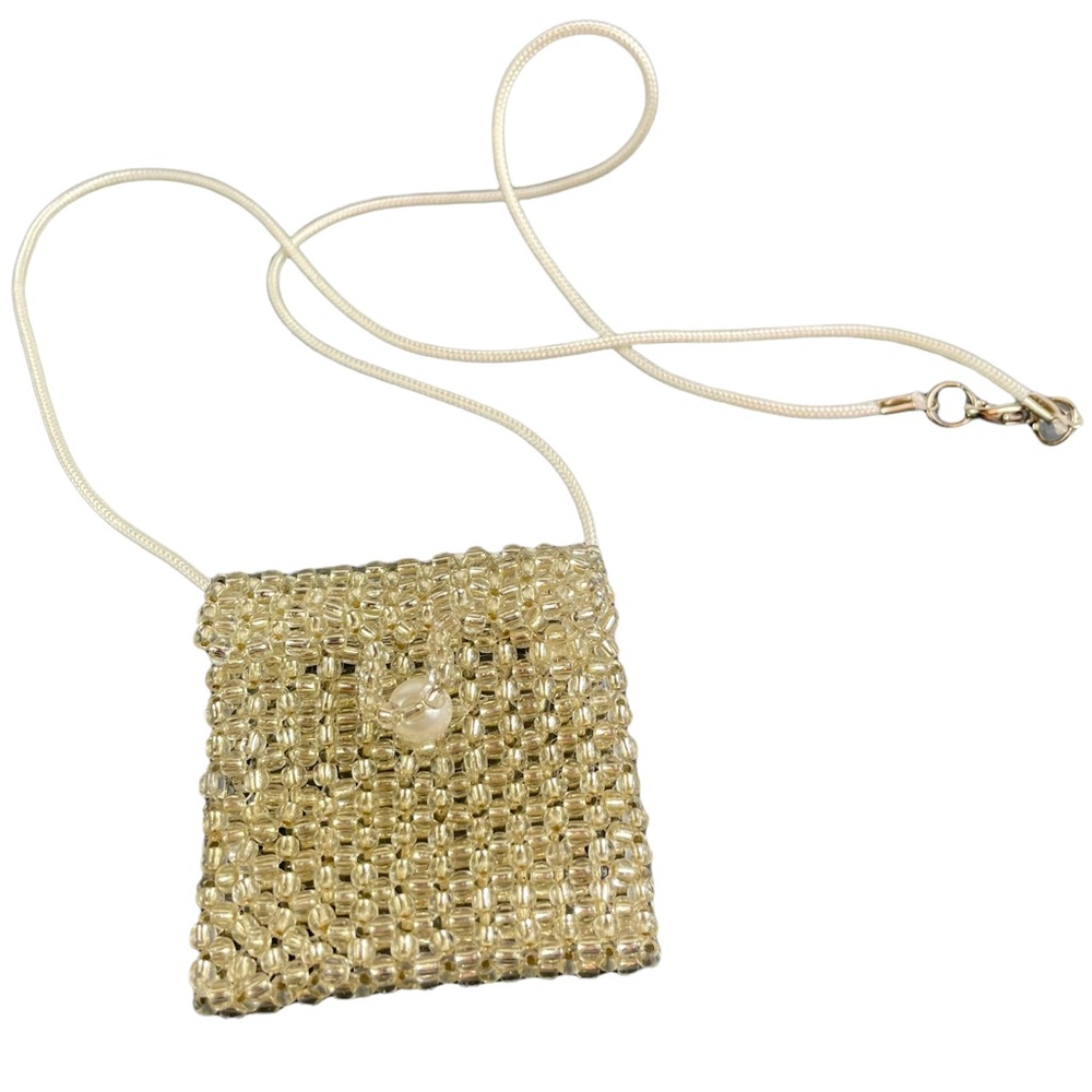 Vintage 1990s Mini Pearl Latch Beaded Necklace Messenger Purse Charm Metallic S